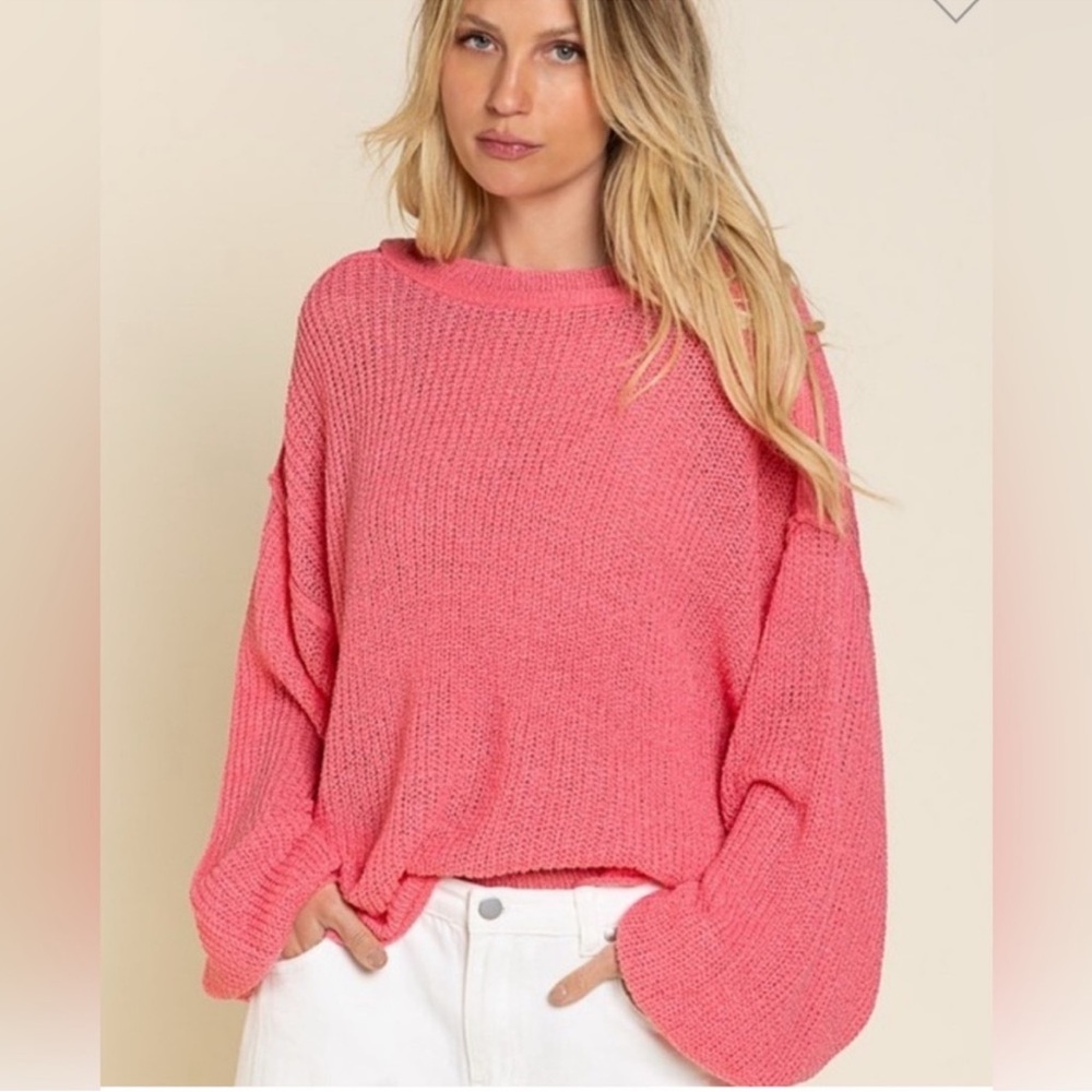 POL Knit Barbie Pink Crewneck Sweater Womens Medium Oversized Lightweight Beach